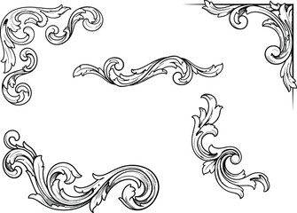 Hand-Drawn Vintage Baroque Scrollwork Vector Ornaments, Black and White Engraved Floral Corner Set, Elegant Rococo Decorative Elements for Borders and Frames