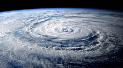 Aerial view of Earth's atmosphere showcasing a spiral weather system resembling a hurricane with swirling dense clouds a