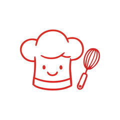 Happy Chef Hat and Whisk Icon. Cute red outline of a smiling cook's toque with a kitchen utensil. Symbolizes culinary joy and delicious creations.