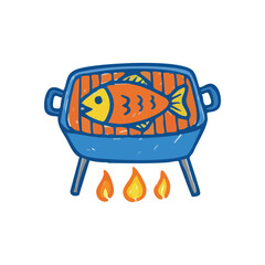 Fun Fish Barbecue Grill Artwork. This cheerful drawing depicts a golden aquatic creature prepared on an outdoor cooking apparatus with fiery elements. The symbol 333 is visible.