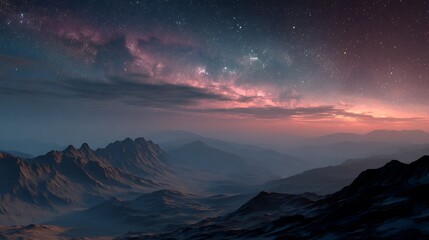 Fototapeta premium misty crater valleys on a distant planet, soft glowing nebula light, star clusters above, cinematic