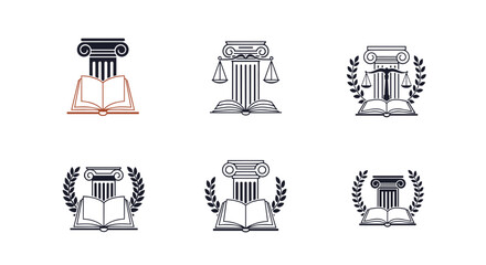 Illustrations of justice scales and books next to columns adorned with laurel wreaths symbolizing legal and judicial concepts.