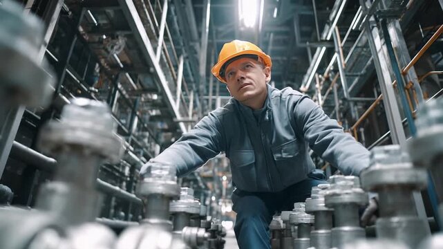 Maintenance worker in an orange hard hat inspects valves and piping in an industrial plant.