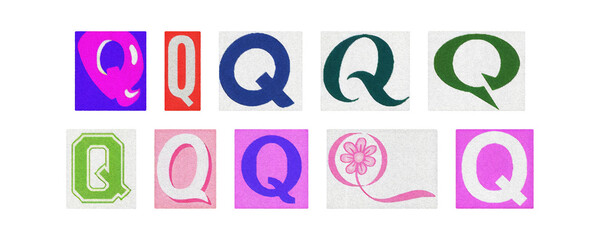 Magazine letter Q cutout tiles collage set on transparent PNG
