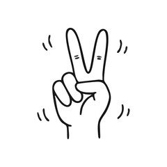 Obraz premium Peace Sign Hand Gesture Art. Cartoon illustration displaying two raised fingers, conveying harmony, triumph, and good feelings. This simple black and white line drawing symbolizes agreement.