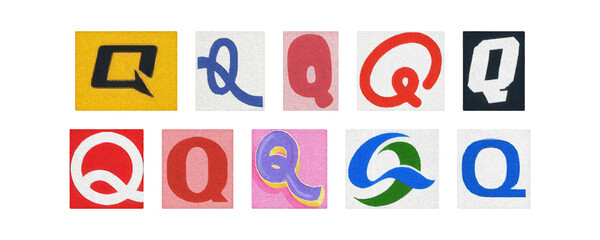 Colorful letter Q collage from magazine clippings, transparent PNG
