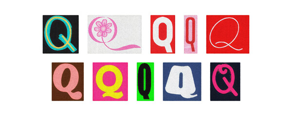 Colorful letter Q collage from magazine clippings, transparent PNG
