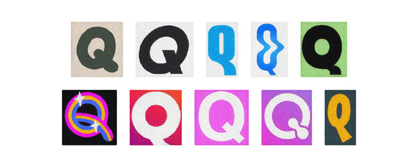 Assorted letter Q glyphs set, uppercase and lowercase, clear PNG
