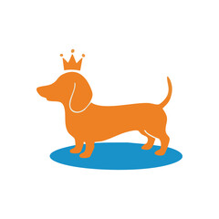 Regal Dachshund Pet Illustration. Vibrant graphic featuring an orange sausage dog with a king's crown on its head. This art conveys a sense of importance and cherished companionship.