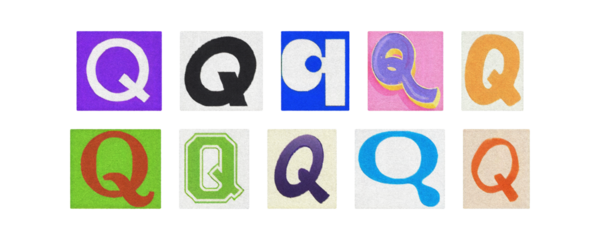 Assorted letter Q glyphs set, uppercase and lowercase, clear PNG
