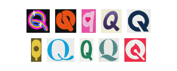 Assorted letter Q glyphs set, uppercase and lowercase, clear PNG

