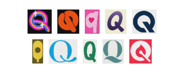 Assorted letter Q glyphs set, uppercase and lowercase, clear PNG
