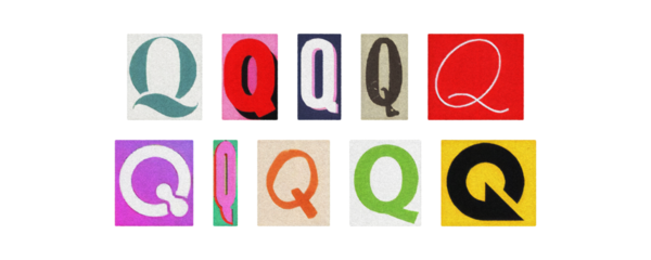 Vintage and modern letter Q tiles, magazine collage, isolated PNG
