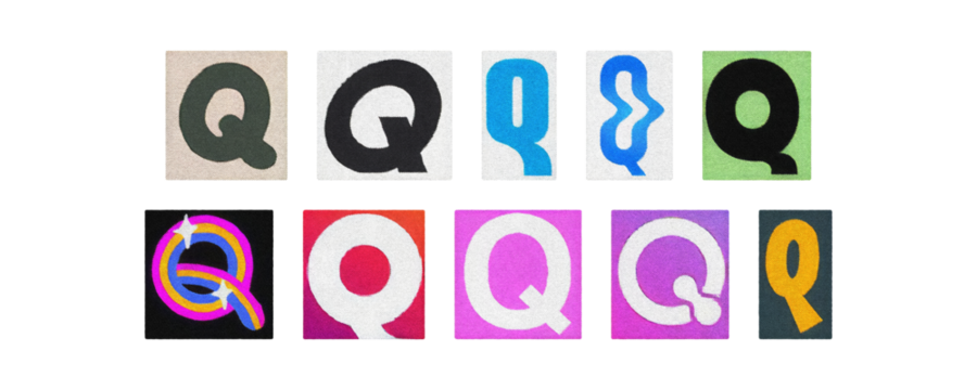 Assorted letter Q glyphs set, uppercase and lowercase, clear PNG
