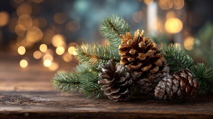 a festive arrangement of pinecones and evergreen branches on a wooden table captures the warmth and spirit of christmas with soft glowing bokeh lights in the background