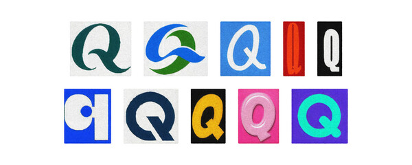Typography letter Q set in diverse styles, cutouts on transparent PNG
