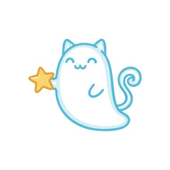 Friendly Phantom Cat Holding Star. Charming ghost feline character with a pleased expression grasps a golden celestial body. Represents delight, magic, and dreams.
