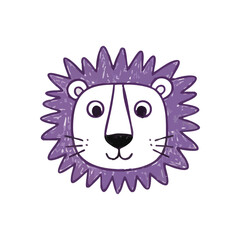 Playful Purple Lion Character. An enchanting lilac feline graphic, hand-drawn with a whimsical textured mane. Its adorable face symbolizes innocence and joyful creativity, ideal for kids projects.