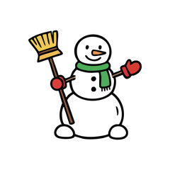 Happy Snowman Winter Holiday Character. A joyful snow figure adorned with a green scarf and red gloves, holding a small broom. This charming illustration embodies festive cheer and cold season.