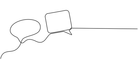 Continuous one line drawing of two speech bubbles with modern minimalist style on white background in black ink, Black speech bubble with three dots in one line art style, Speech bubble drawing.