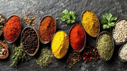A vibrant assortment of spices and herbs arranged in wooden bowls on a dark stone surface, showcasing colorful turmeric,