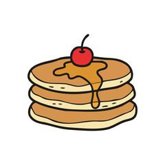 Delicious Pancakes with Syrup and Cherry. Appetizing hotcakes with golden topping and bright red fruit. A delightful symbol of sweet breakfast enjoyment and cozy morning meals.