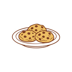 Baked Chocolate Chip Cookies Plate. This charming illustration features three delightful biscuits arranged on a platter. It evokes warmth, a pleasant snack, and sugary happiness.