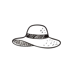 Hand Drawn Summer Hat Outline. A charming monochrome artistic rendering of a stylish wide-brimmed sunbonnet, representing leisure, travel, and warm weather adventures.