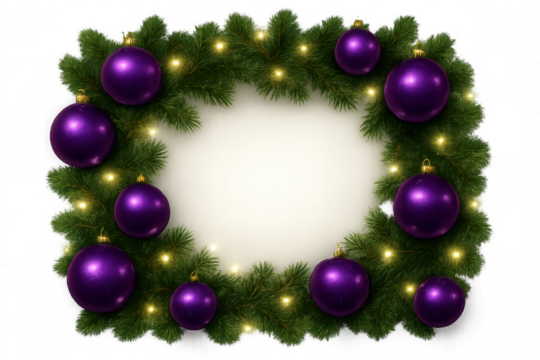 Christmas wreath frame with glowing lights and purple ornament balls creating holiday border, transparent background - Powered by Adobe