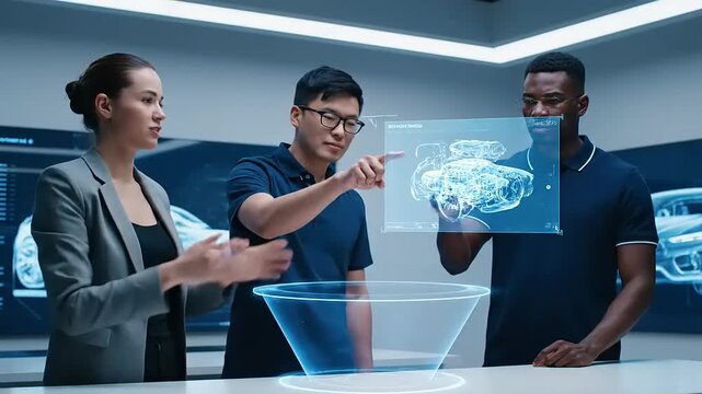 Team of engineers analyzing a 3D holographic car model in a modern showroom with digital screens and futuristic lighting