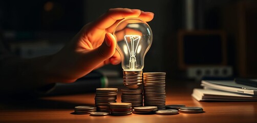 Hand holding lightbulb with stacked coins on desk; saving energy, cost-effective solutions, coins, savings