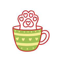 Cute Paw in Decorated Mug. Adorable feline print emerging from a charming green teacup with yellow stripes and heart motifs. It symbolizes warmth and companionship.
