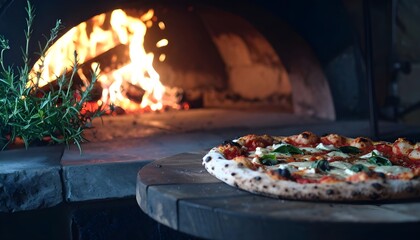Gourmet Margherita pizza resting on a wooden peel with a blazing hot, traditional stone oven in the background