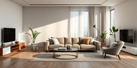 Fototapeta premium Sleek modern apartment living room with comfortable sofa, minimalist decor, natural light, functional, background