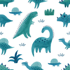 Cute cartoon watercolor dinosaurs - hand drawn illustration. Awesome Dino seamless pattern