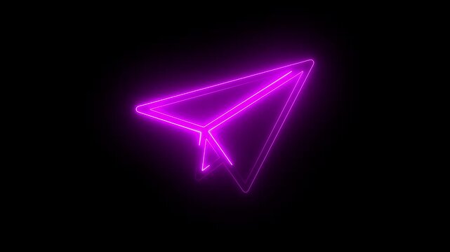 High impact purple neon paper rocket icon with dark background. Stunning glowing neon paper plane icon Neon line glowing neon simple rocket icon animation 4k video on black background.