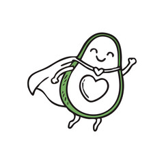 Happy Avocado Superfood Hero. A cheerful green fruit cartoon soaring with a cape and heart emblem, representing vitality and wellness. Promotes wholesome nutrition and robust living.
