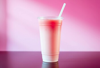 Pink beverage in disposable plastic cup against pink backdrop Ideal for takeaway drink promotion, copy space, bright