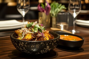 Freshly fried onion bhajis served crisp with a side of chutney.