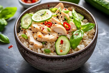 Grilled Chicken Rice Bowl with Lime, Chili, Cucumber, Basil, and Sesame seeds.