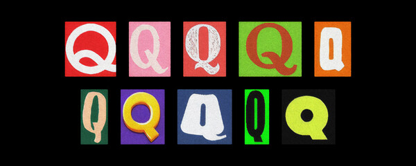 Magazine letter Q collage tiles arranged on a solid black background
