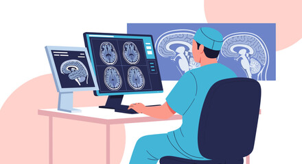 Medical professional examining brain scans on computer screens in a modern clinic setting.
