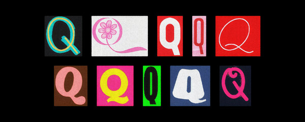 Magazine letter Q collage tiles arranged on a solid black background
