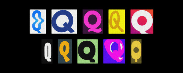 Colorful letter Q tiles from magazines, collage against black background
