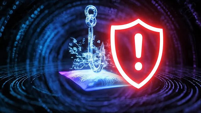 Digital shield with warning symbol and phishing hook symbolizes online security threat