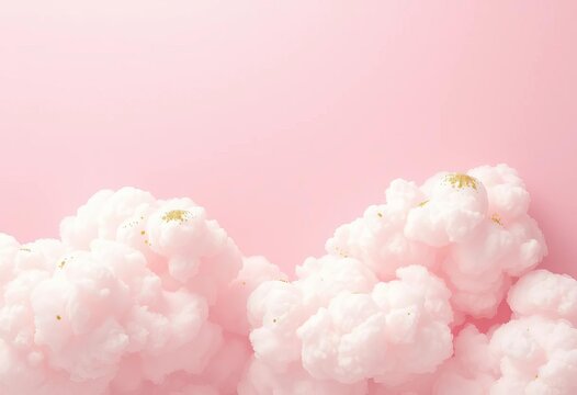Fototapeta Pastel pink background, fluffy cumulus clouds dusted with gold glitter Dreamy, ethereal, magical space,  sweet,  enchanting