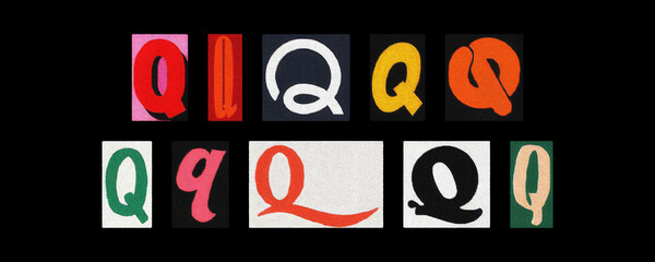 Bold letter Q collection in varied fonts, magazine collage on black
