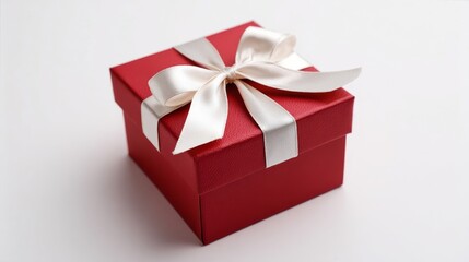 Obraz premium A red gift box elegantly wrapped with a white satin ribbon and bow, perfect for celebrations like weddings, birthdays,