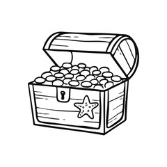 Cartoon Treasure Chest Full of Riches. This charming drawing depicts an open wooden strongbox overflowing with shiny doubloons, symbolizing prosperity and exciting adventures.