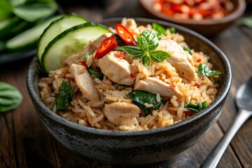 Authentic Thai Basil Chicken Fried Rice (Khao Pad Krapao Gai) with Chili.